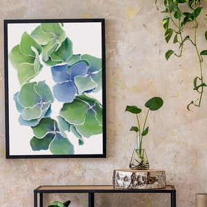 Cartel de hortensia azul, decoración del hogar de hortensia, acuarela, flores, arte botánico moderno, cartel minimalista, impresión enmarcada, nórdico, Escandinavia
