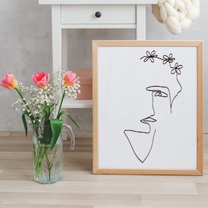 Póster de Flower Lady, Dibujo de cara, Arte de cara abstracta, Arte de línea de cara, Impresión de cara femenina, Cara de una línea, Dibujo de línea, Dibujo de línea moderna