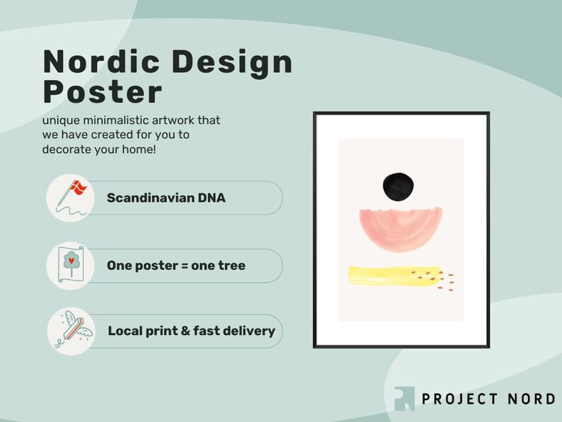 May include: A minimalist poster with a black circle, a pink half-circle, and a yellow rectangle on a white background. The poster is framed in black and has the text "PROJECT NORD" at the bottom.