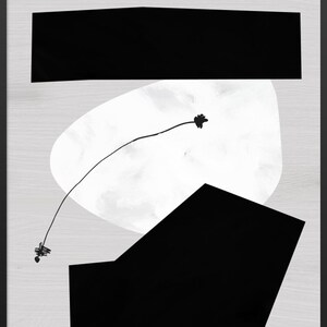 May include: Abstract art print featuring black shapes on a white background. The shapes are a rectangle, a rounded rectangle, and a freeform shape. A thin black line connects the shapes.