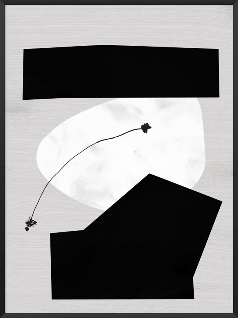 May include: Abstract art print featuring black shapes on a white background. The shapes are a rectangle, a rounded rectangle, and a freeform shape. A thin black line connects the shapes.