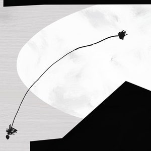 May include: Abstract black and white geometric art print with a thin black line connecting two black shapes.