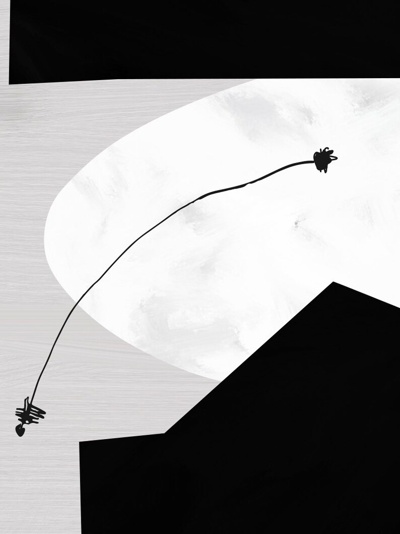 May include: Abstract black and white geometric art print with a thin black line connecting two black shapes.