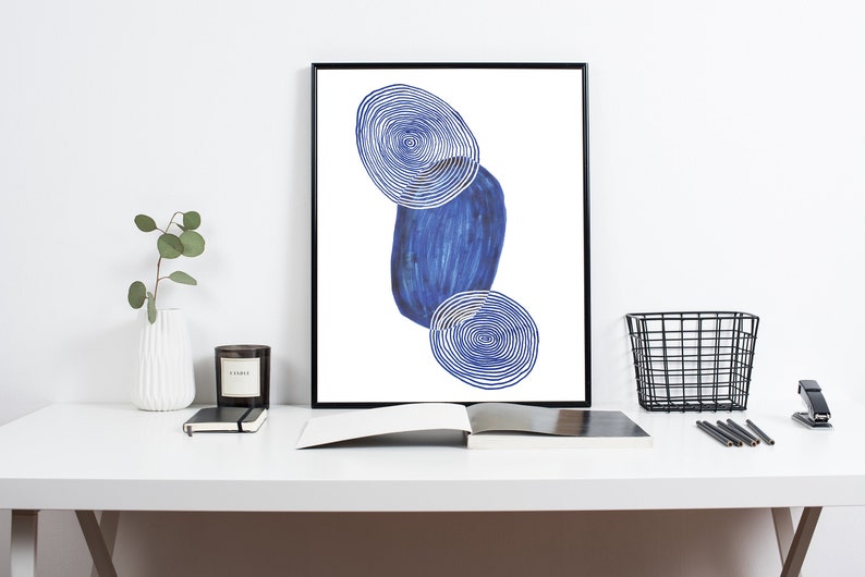 Abstracte Aquarel Poster Cirkels Print Nordic Decor Abstracte Poster Blauwe Vormen Poster Aquarel Kunst aan de muur Koningsblauwe Poster afbeelding 1