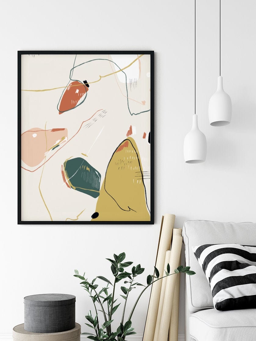 Rayons de soleil hygge, décoration boho, affiche d’art imprimée de style boho, art abstrait, affiche imprimée dans le style milieu du siècle dernier, affiche imprimée nordique, affiche colorée, art des formes abstraites, impression au bloc de bois
