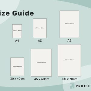 May include: Size guide for prints, showing different sizes in centimeters and inches. The sizes are A4, A3, A2, 30 x 40 cm, 45 x 60 cm, and 50 x 70 cm.