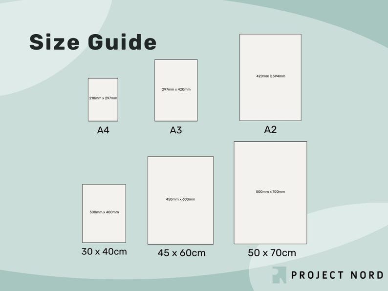 May include: Size guide for prints, showing different sizes in centimeters and inches. The sizes are A4, A3, A2, 30 x 40 cm, 45 x 60 cm, and 50 x 70 cm.