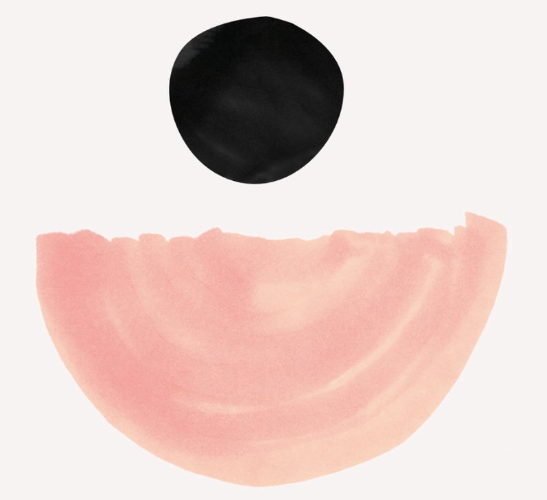 May include: Abstract art print featuring a black circle above a pink semi-circle.