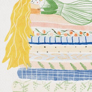 May include: A watercolor illustration of a princess sleeping on a stack of colorful patterned pillows. She is wearing a green dress and a gold crown. Her long blonde hair is flowing down the side of the pillows.