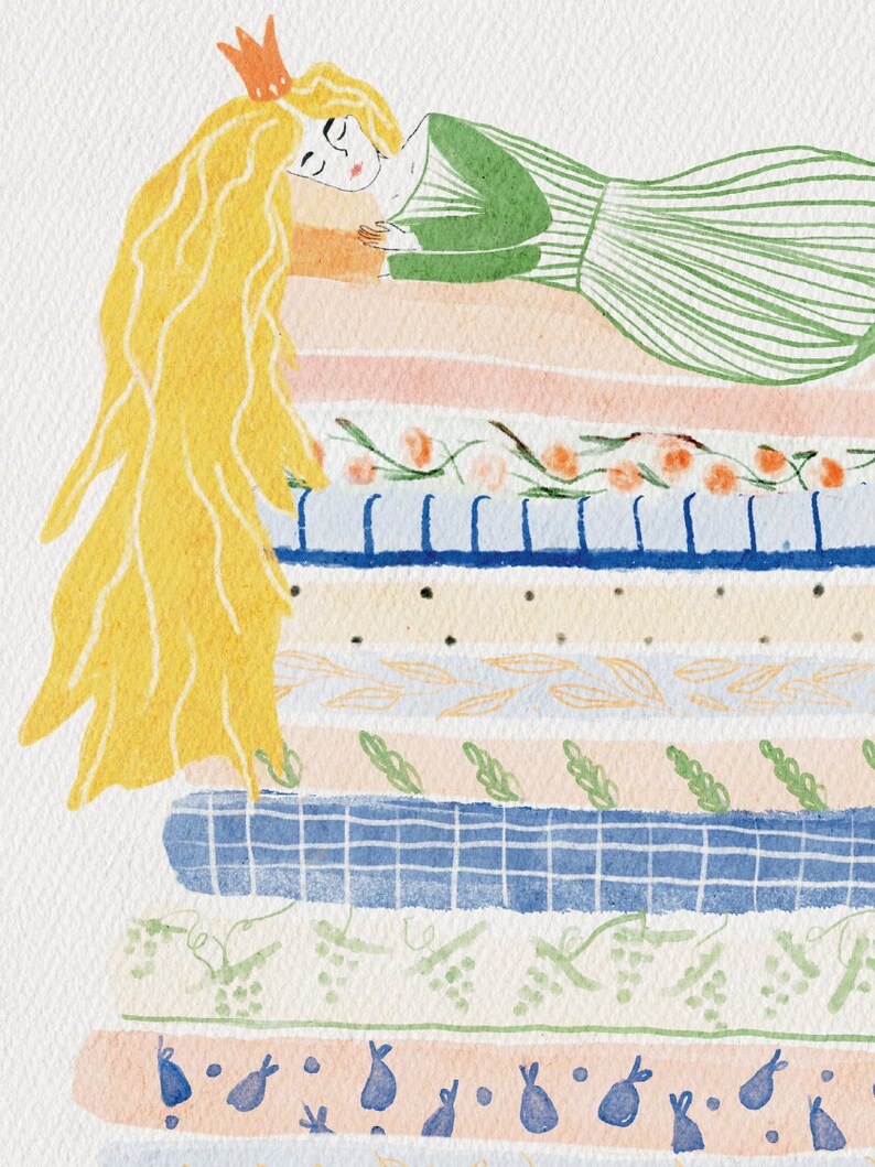 May include: A watercolor illustration of a princess sleeping on a stack of colorful patterned pillows. She is wearing a green dress and a gold crown. Her long blonde hair is flowing down the side of the pillows.