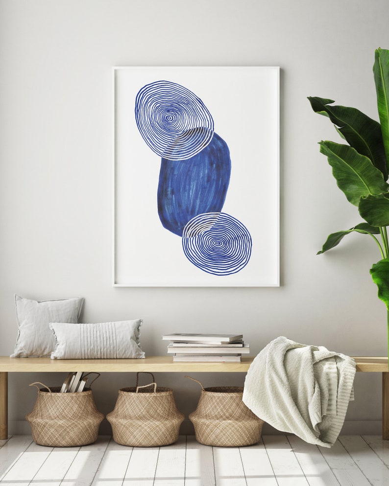 Abstracte Aquarel Poster Cirkels Print Nordic Decor Abstracte Poster Blauwe Vormen Poster Aquarel Kunst aan de muur Koningsblauwe Poster afbeelding 8