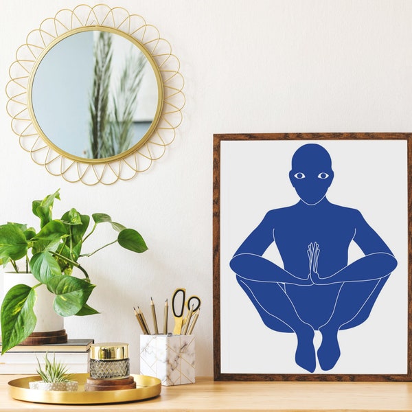 Malasana Yoga Pose Poster, Yoga Wall Decor, Scandinavian Print, Minimalist Poster, Gift for Yoga Lover, Blue Poster, Modern Wall Art