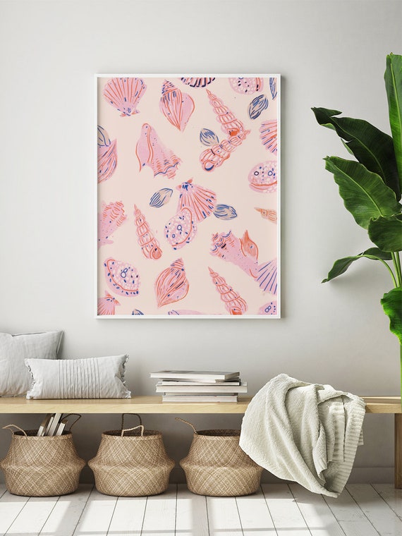 Sea Shell Art, Nautical Poster, Shell Illustration, Coastal Home Decor, Beach Wall Art, Summer Wall Decor, Summer Beach Art, Pastel Pink Art