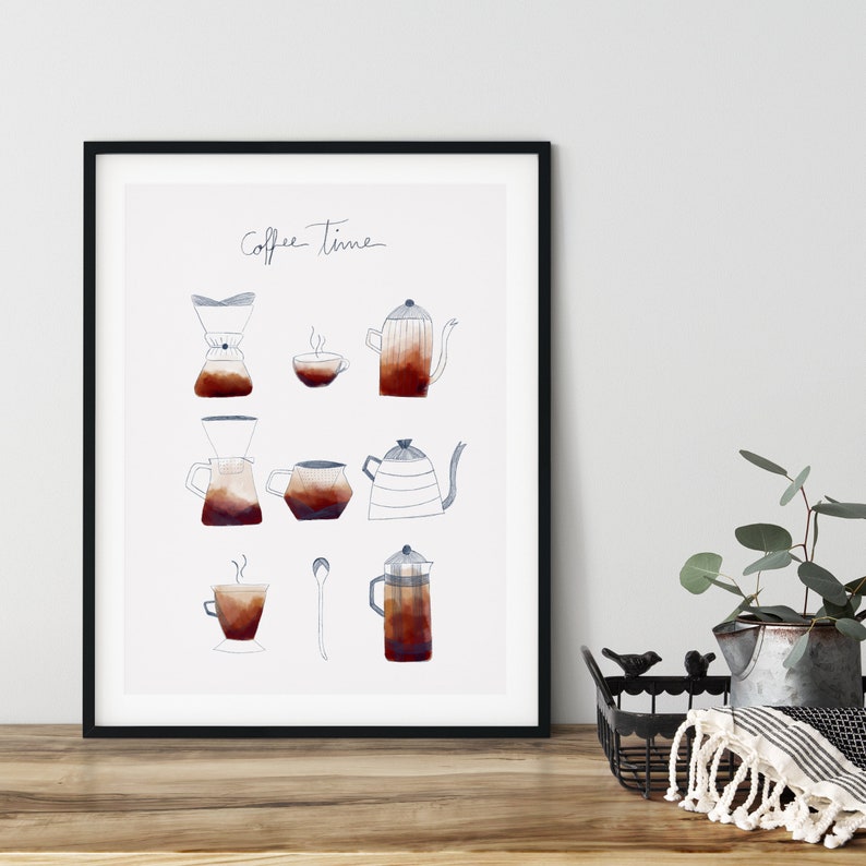 Coffee Time Poster, Coffee Kitchen Print, Coffee Illustration, Coffee Lovers Decor, Coffee Bar Sign, Coffee Shop Decor, Cafe Poster image 2