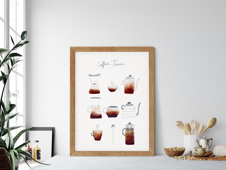 Coffee Time Poster, Coffee Kitchen Print, Coffee Illustration, Coffee Lovers Decor, Coffee Bar Sign, Coffee Shop Decor, Cafe Poster image 1
