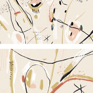 May include: Abstract art print with a beige background and black, white, gold, and pink lines and shapes.