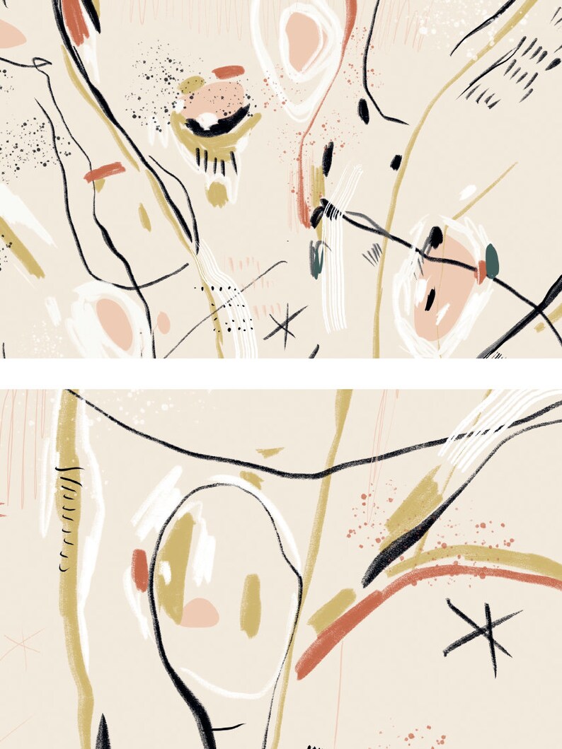 May include: Abstract art print with a beige background and black, white, gold, and pink lines and shapes.
