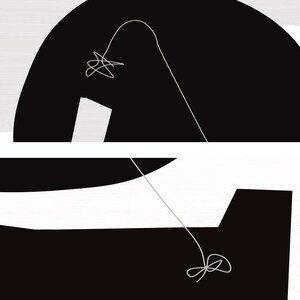 Puede incluir: Impresi&oacute;n de arte abstracto en blanco y negro con un dibujo de l&iacute;nea simple de una l&iacute;nea curva con un nudo en la parte inferior y una forma de estrella en la parte superior.