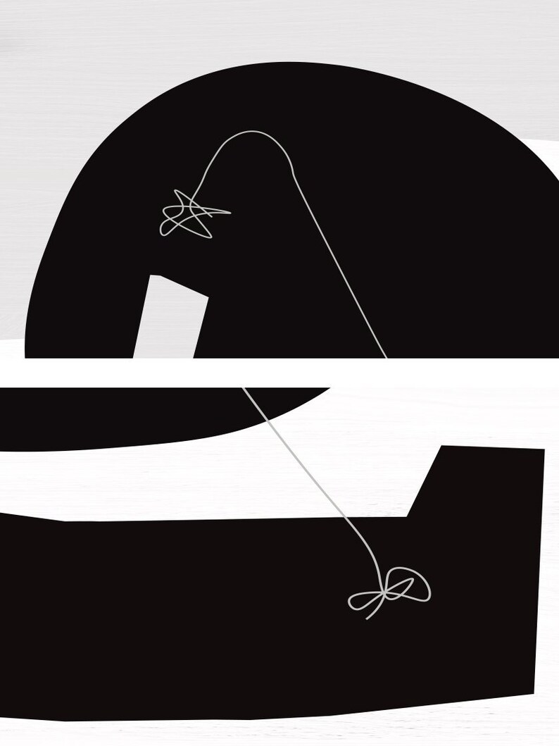 Puede incluir: Impresi&oacute;n de arte abstracto en blanco y negro con un dibujo de l&iacute;nea simple de una l&iacute;nea curva con un nudo en la parte inferior y una forma de estrella en la parte superior.