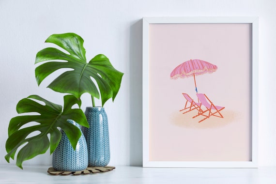 Beach Print, Summer Poster, Beach Chair Art, Beach Umbrella Art, Coastal Wall Art, Seaside Print, Vacation Art Print, Minimalist Beach Art