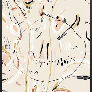 May include: Abstract art print with a beige background and black, white, pink, and gold lines and shapes.