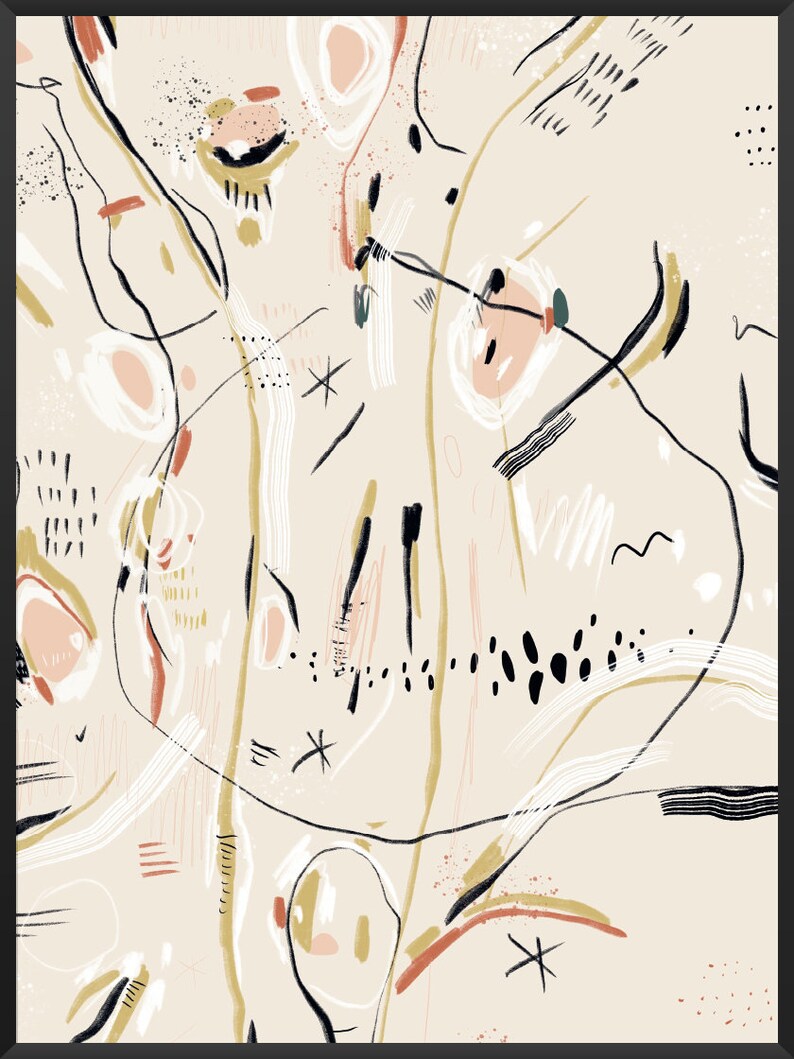 May include: Abstract art print with a beige background and black, white, pink, and gold lines and shapes.