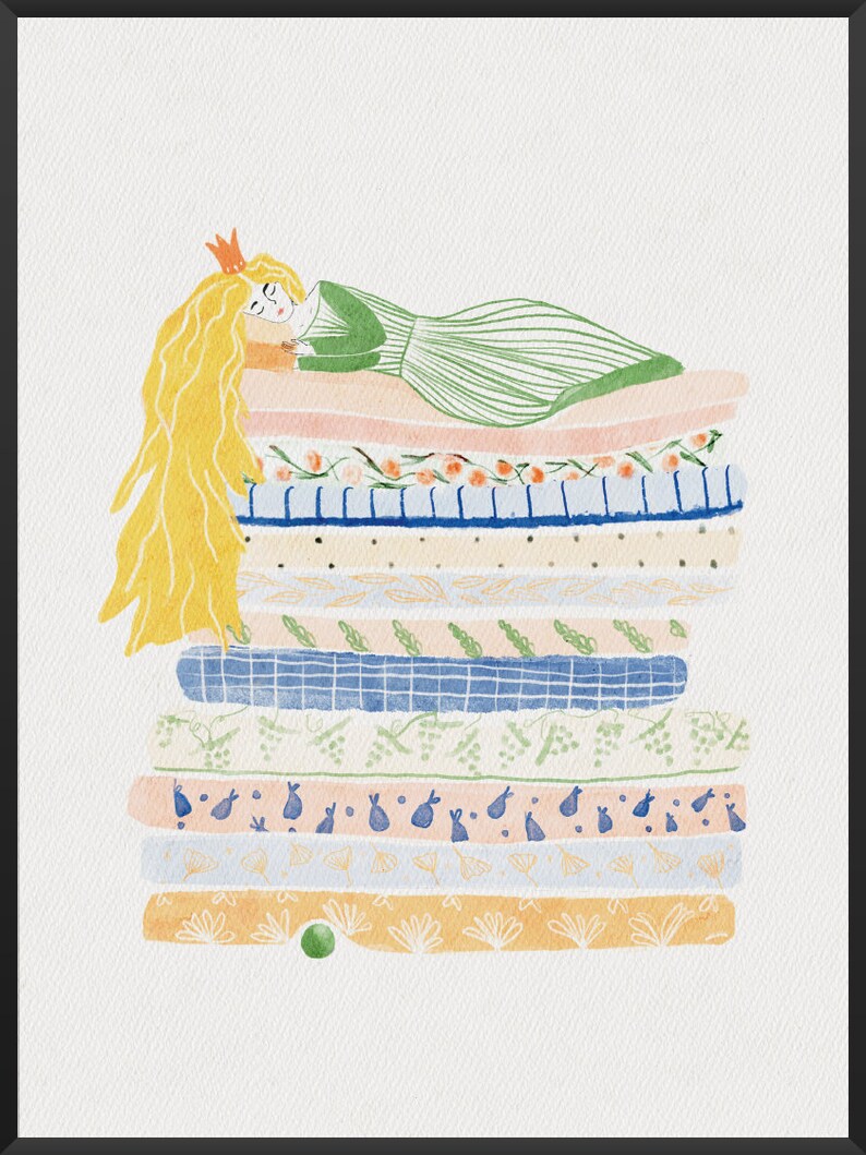 May include: A watercolor illustration of a princess sleeping on a stack of patterned mattresses. The princess has long blonde hair and is wearing a green dress and a gold crown.