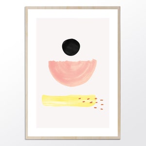 May include: Abstract art print with a black circle, a pink half-circle, and a yellow rectangle with brown dots.