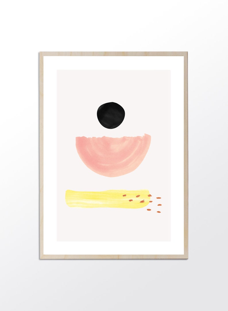 May include: Abstract art print with a black circle, a pink half-circle, and a yellow rectangle with brown dots.