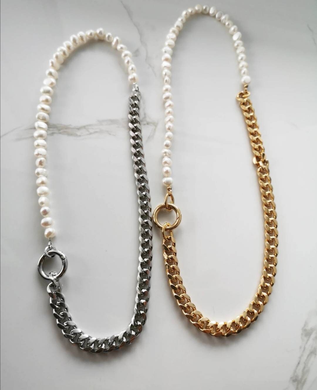 Half pearl half chain necklace. Real pearl necklace cuban link Etsy