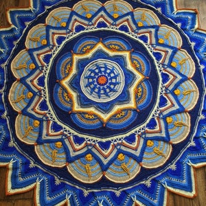 Boho Blue Mandala Suna Mandara Crochet Bedspread, Handmade Blanket