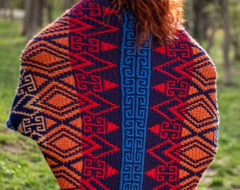 handmade red and blue mosaic cocoon cardigan