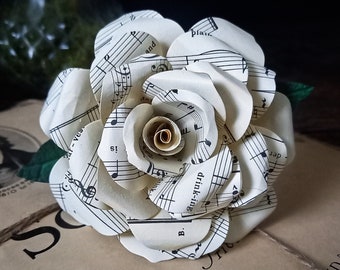 Sheet Music Paper Rose with Green Leaves and Gift Message Tag