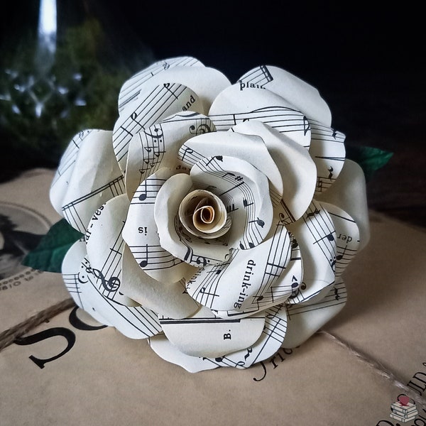 Sheet Music Paper Rose with Green Leaves and Gift Message Tag