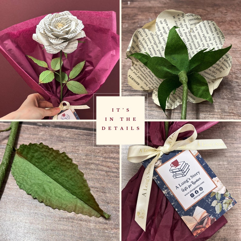 May include: A white paper rose bouquet wrapped in burgundy tissue paper with a white ribbon and a tag that says "A Long's Story Gifts for Readers".