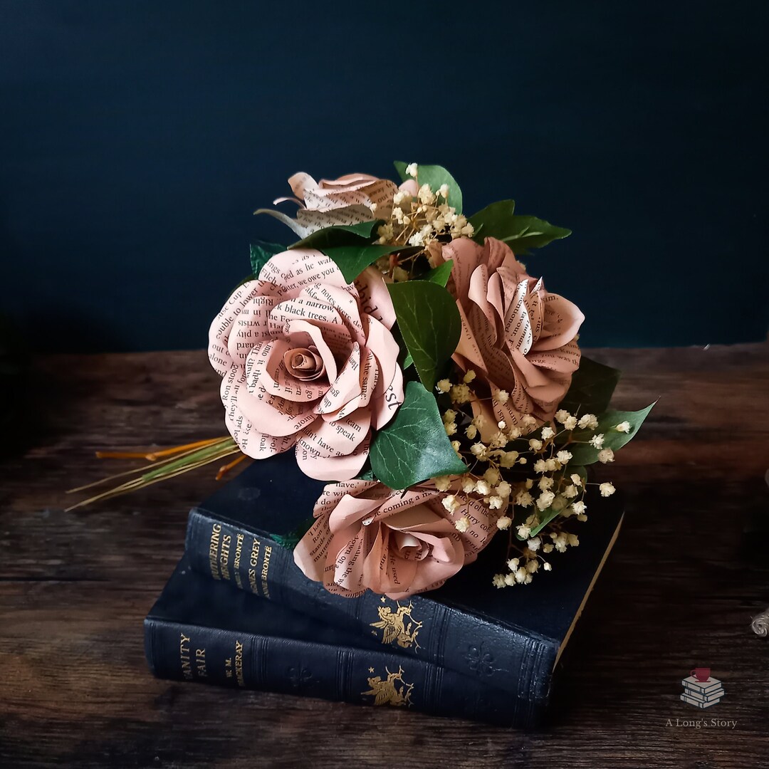 Pink Book Paper Rose Bouquet With Faux Foliage and Preserved Etsy