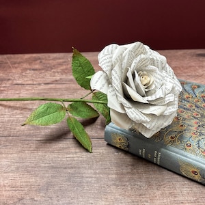 May include: A white paper rose crafted from the pages of a book, resting on a blue book featuring a peacock design. The book is titled "Pride and Prejudice" by Jane Austen.