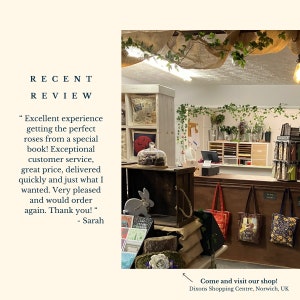 May include: A small shop with a wooden counter and shelves stocked with books and other items. The shop has a rustic, cosy atmosphere with greenery hanging from the ceiling. The text "Come and visit our shop! Dixons Shopping Centre, Norwich, UK" is visible in the image.
