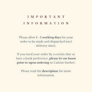 May include: Important information about order processing and delivery times. Please allow 1-5 working days for your order to be made and dispatched, excluding delivery time. If you need your order by a certain date or have a book preference, please let me know prior to/upon ordering so I can advise further. Please read the description for more information.