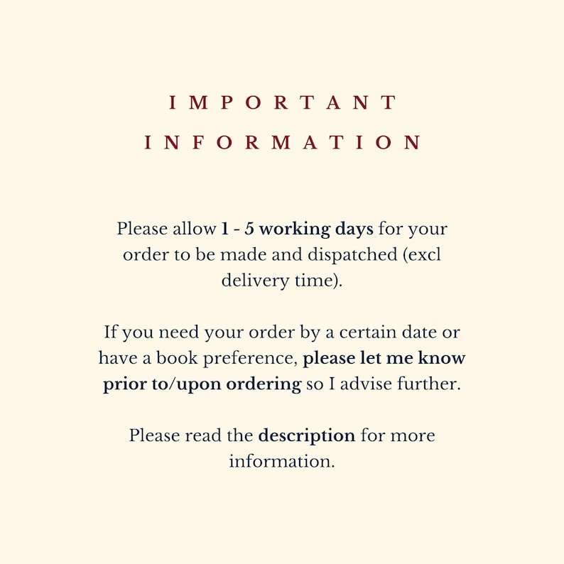 May include: Important information about order processing and delivery times. Please allow 1-5 working days for your order to be made and dispatched, excluding delivery time. If you need your order by a certain date or have a book preference, please let me know prior to/upon ordering so I can advise further. Please read the description for more information.