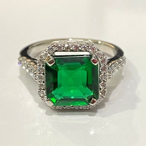 Emerald Ring- 14K White Gold Ring Finish- Green Gemstone Engagement Ring May Birthstone- Emerald Cut Ring Anniversary Birthday Gift For Her