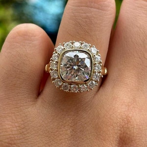Engagement Ring 3.00Ct Cushion Cut Moissanite Engagement & Wedding Ring Women&#39;s Bezel Set Ring Yellow Gold Finish