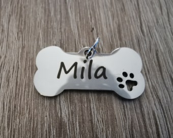 Placa de identificación de acero inoxidable grabada a medida: identificación de mascota con huella de pata