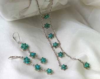 Tiny Flower earrings & necklace in Turquoise, Handcrafted in 925 Silver, light weight jwelery