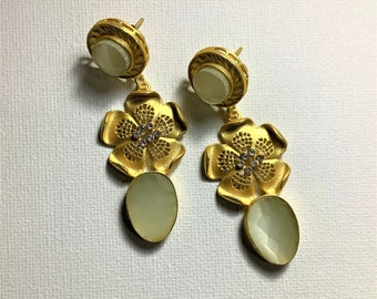 Floral Indian Cocktail Earrings gold plated Fashion jewelry, Designer Women's Earring, Antique Fashion Jewelry, Handmade Brass Earrings