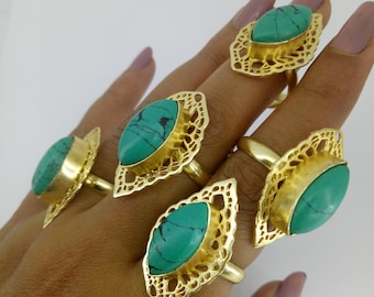 Best Gift, Reconstituted Turquoise Golden Cutouts Marquise Adjustable Fashion Ring handcrafted in brass with gold plating, unique & quirky