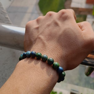 Azurite Malachite elastic bead bracelet, handmade & adjustable, natural Azurite beads, trendy style wrist wear, gift for him, unisex jewelry image 4