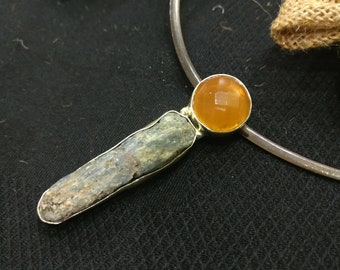 Grey Pendant, handcrafted with natural raw Kynite & Orange Onyx, with antique silver finish in brass, unique stones unisex handmade gift