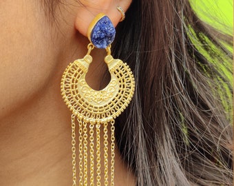 Designer Chandeliers light weight post dangle long chain dangle earrings, designer fashion handmade brass fashion earrings natural druzy