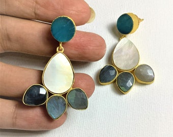 short dangling earring, ocean blue labradorite & white mother of pearl, gold plated brass fashion earrings, best gift for her